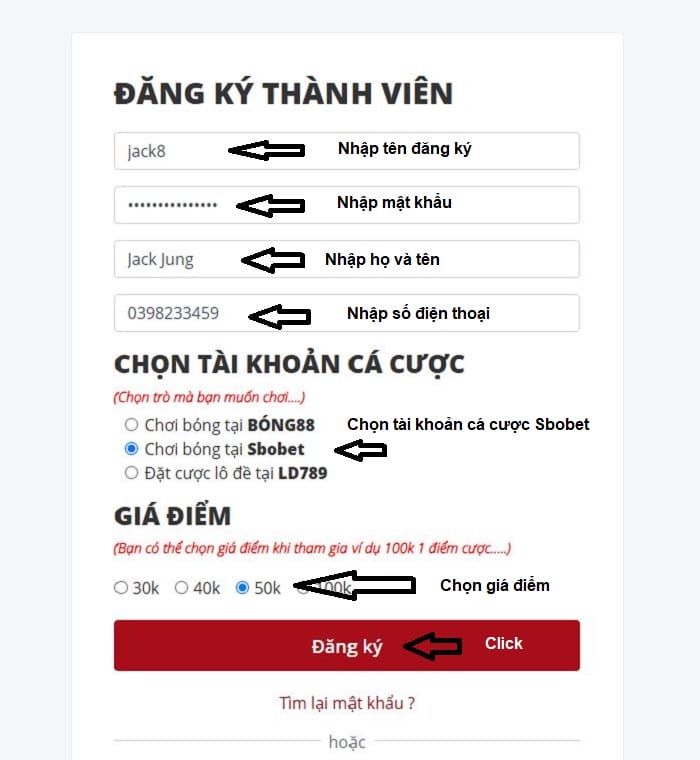 Thực hiện điền thông tin đăng ký tài khoản Sbobet