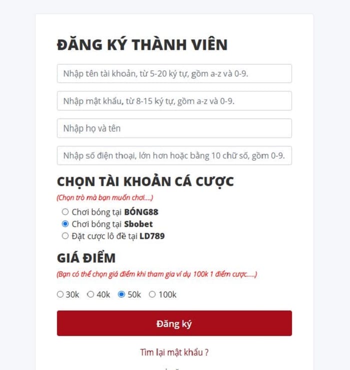 Giao diện đăng ký Sbobet