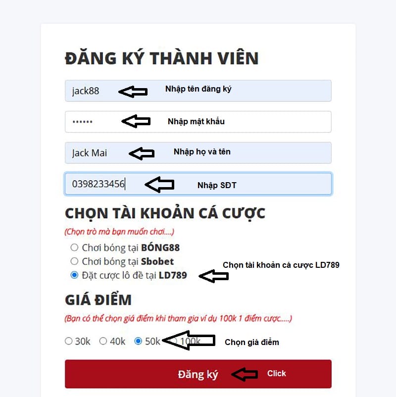 Điền thông tin đăng ký tài khoản LD789 - ONE789 - VN789