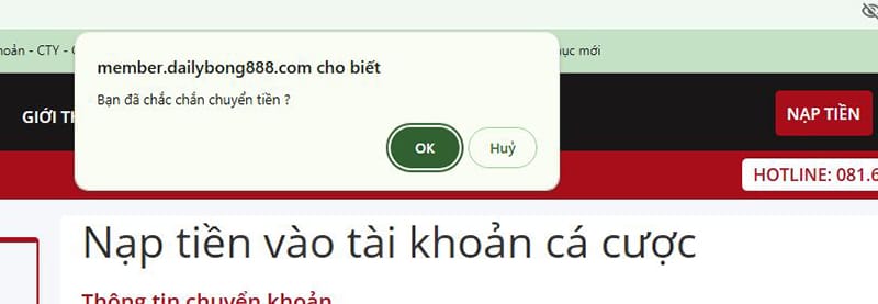 Thông báo bạn có chắc chắn nạp tiền bong88 không