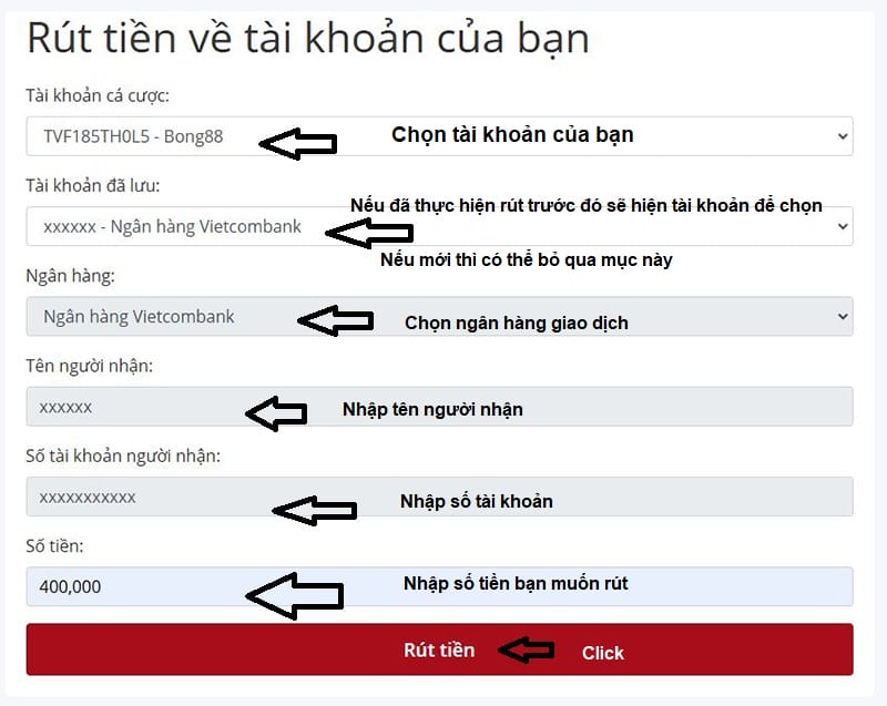 Nhập đúng thông tin rút tiền bong88