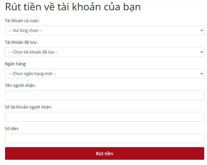 Giao diện hiển thị thông tin rút tiền bong88 bet