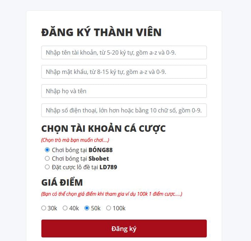 Giao diện hiển thị trang đăng ký bong88 bet 