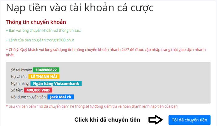 Thông tin để chuyển khoản