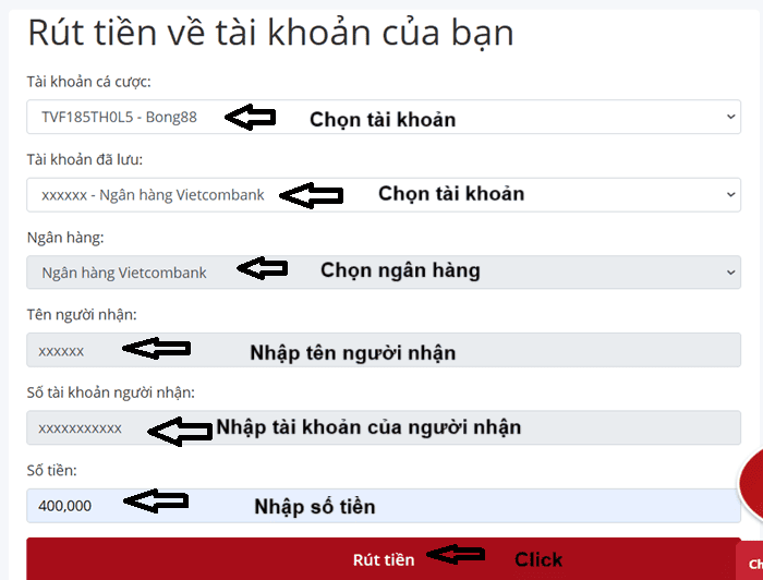 Nhập thông tin như hình để rút tiền LD789 - ONE780 -VN789